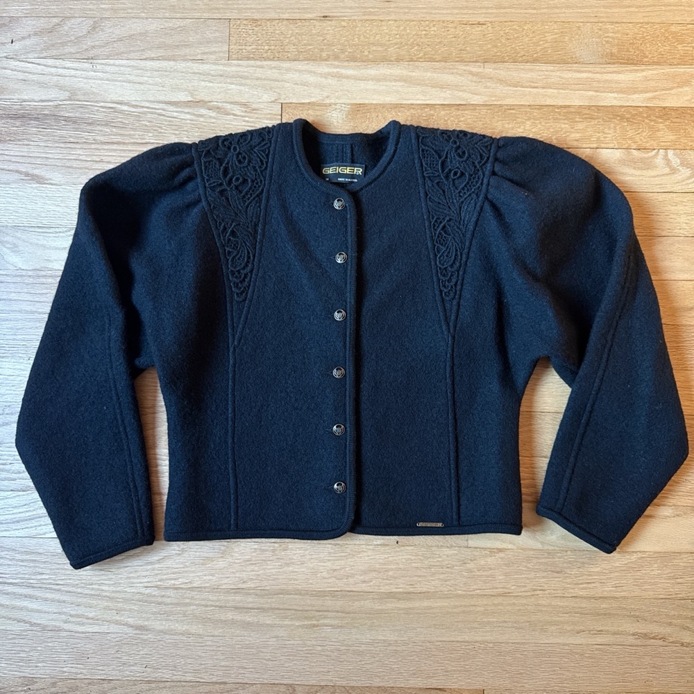 Black 80s goth puff sleeve 100% wool cardigan